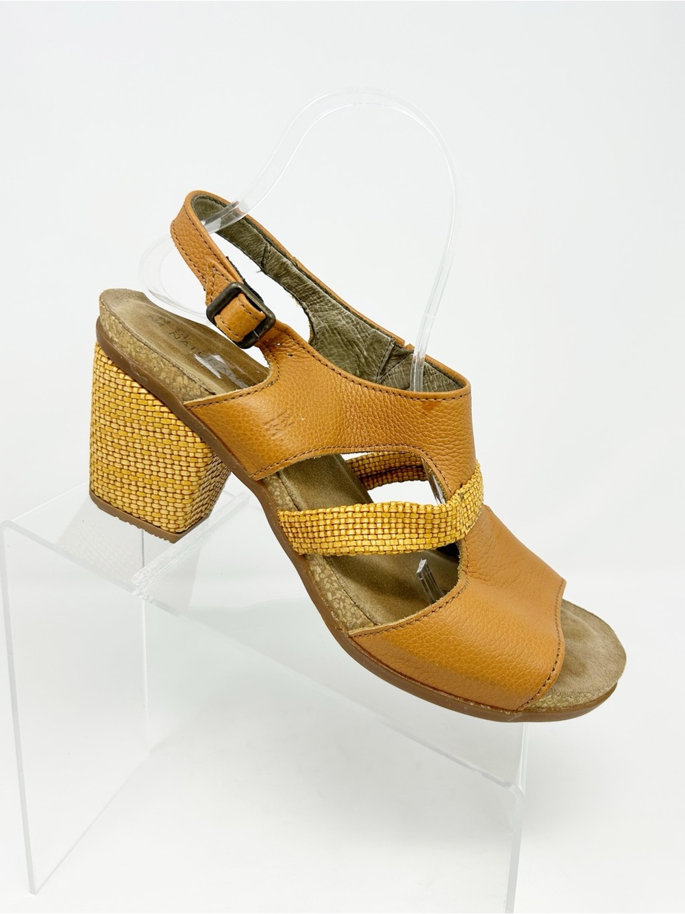 El Naturalista Mola Slingback Block Heel Sandals Brown Woven Buckle Size 41